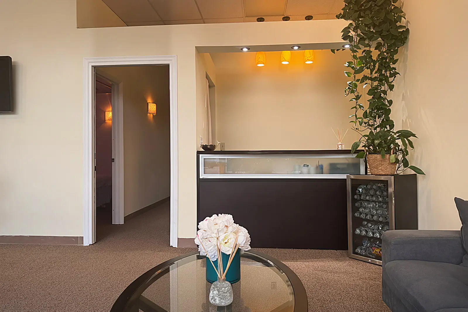 Front desk and treatment-room hallway at Day Massage, Chaska, MN