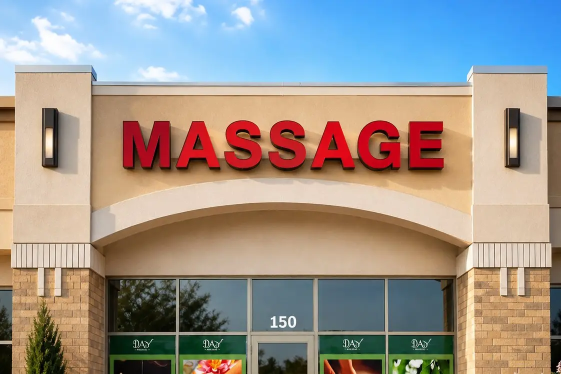 Red MASSAGE sign on the storefront, visible from Hwy 41 north of the Chaska Bridge